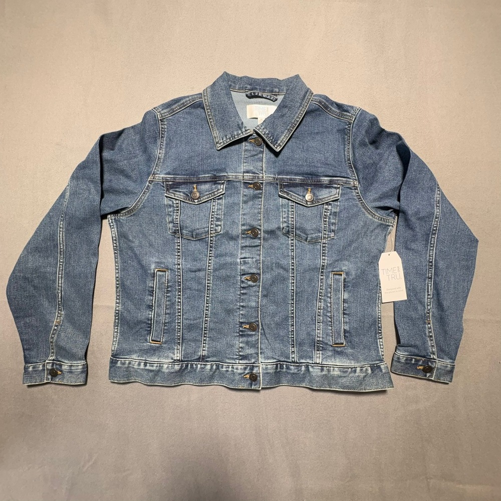 Time and Tru Womens XL 16-18 Medium Wash Stretch Denim Trucker Jacket NEW